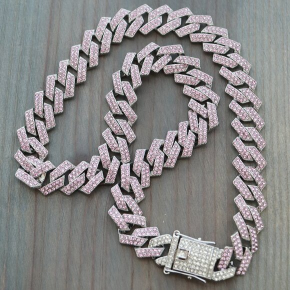 15mm 22inches Cuban Ice Curb Diamond Chain Pink/Silver Necklace with Rhinestones - Picture 2 of 3